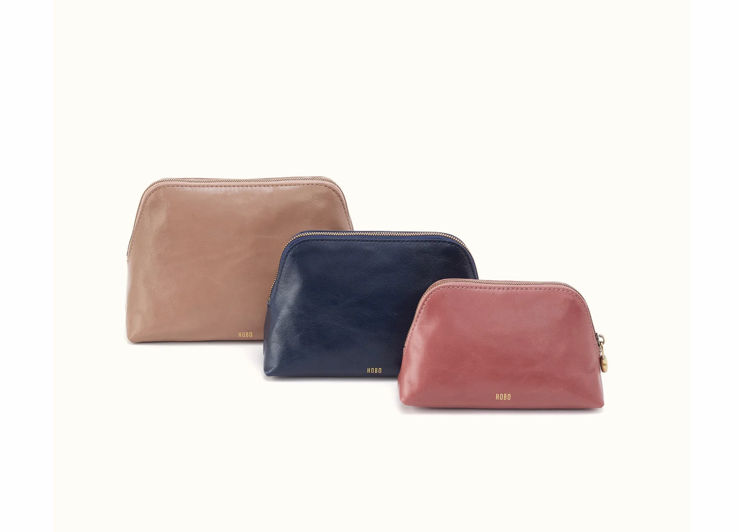 HOBO leather zip pouches in Large Taupe Medium Ink Navy and Small Rosewood
