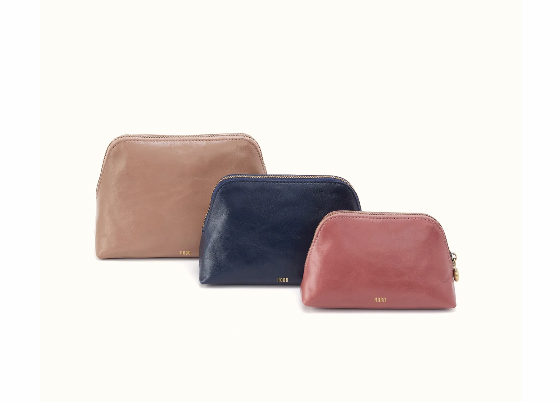 HOBO leather zip pouches in Large Taupe Medium Ink Navy and Small Rosewood
