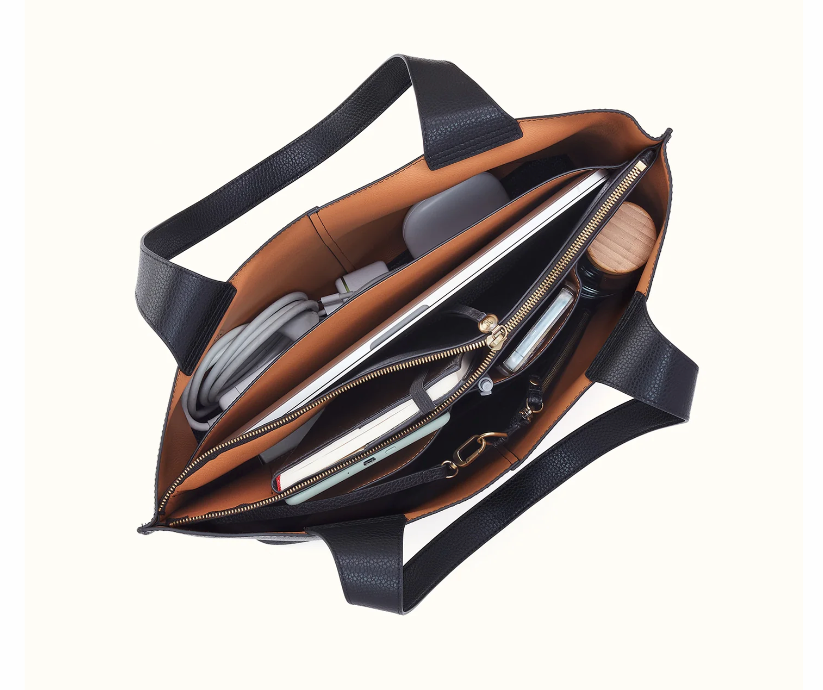 HOBO Vida Large Tote interior showing 16-inch laptop storage, zip compartment and everyday essentials