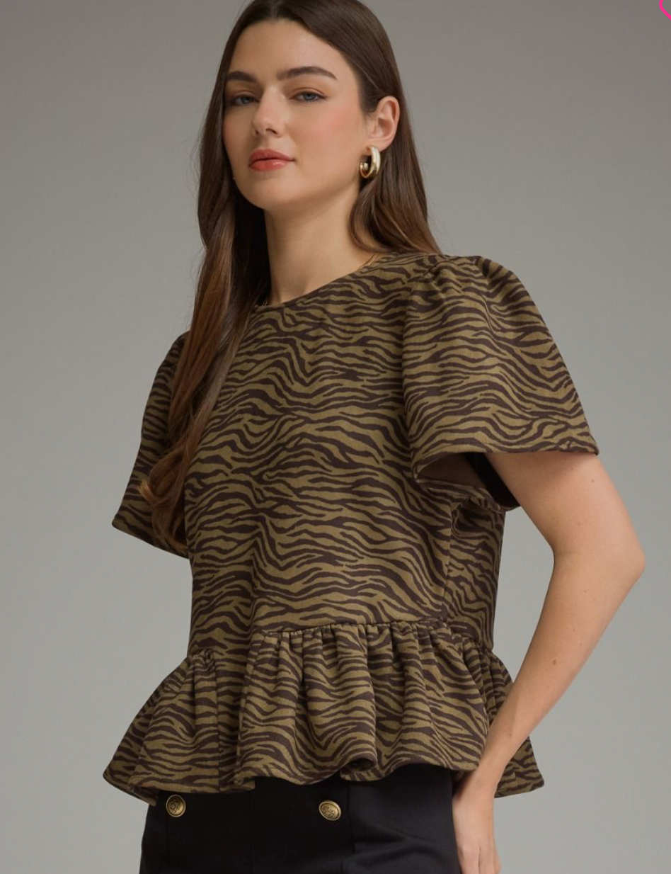 Entro Untamed Elegance animal print top with gathered peplum ruffle hem
