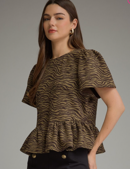 Entro Untamed Elegance animal print top with gathered peplum ruffle hem