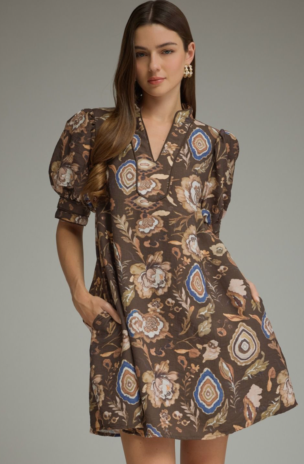 Autumn in Bloom brown floral mini dress by Entro with puff sleeves and split neckline