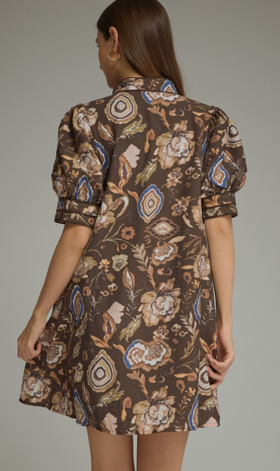 Back view of Entro Autumn in Bloom brown floral mini dress