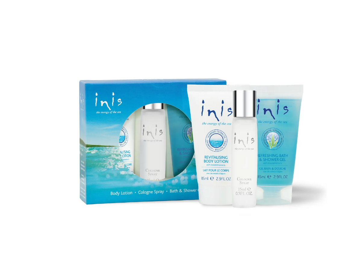 Inis Energy of the Sea Trio Gift Set with 15ml cologne spray, 85ml body lotion and 85ml shower gel in blue gift box