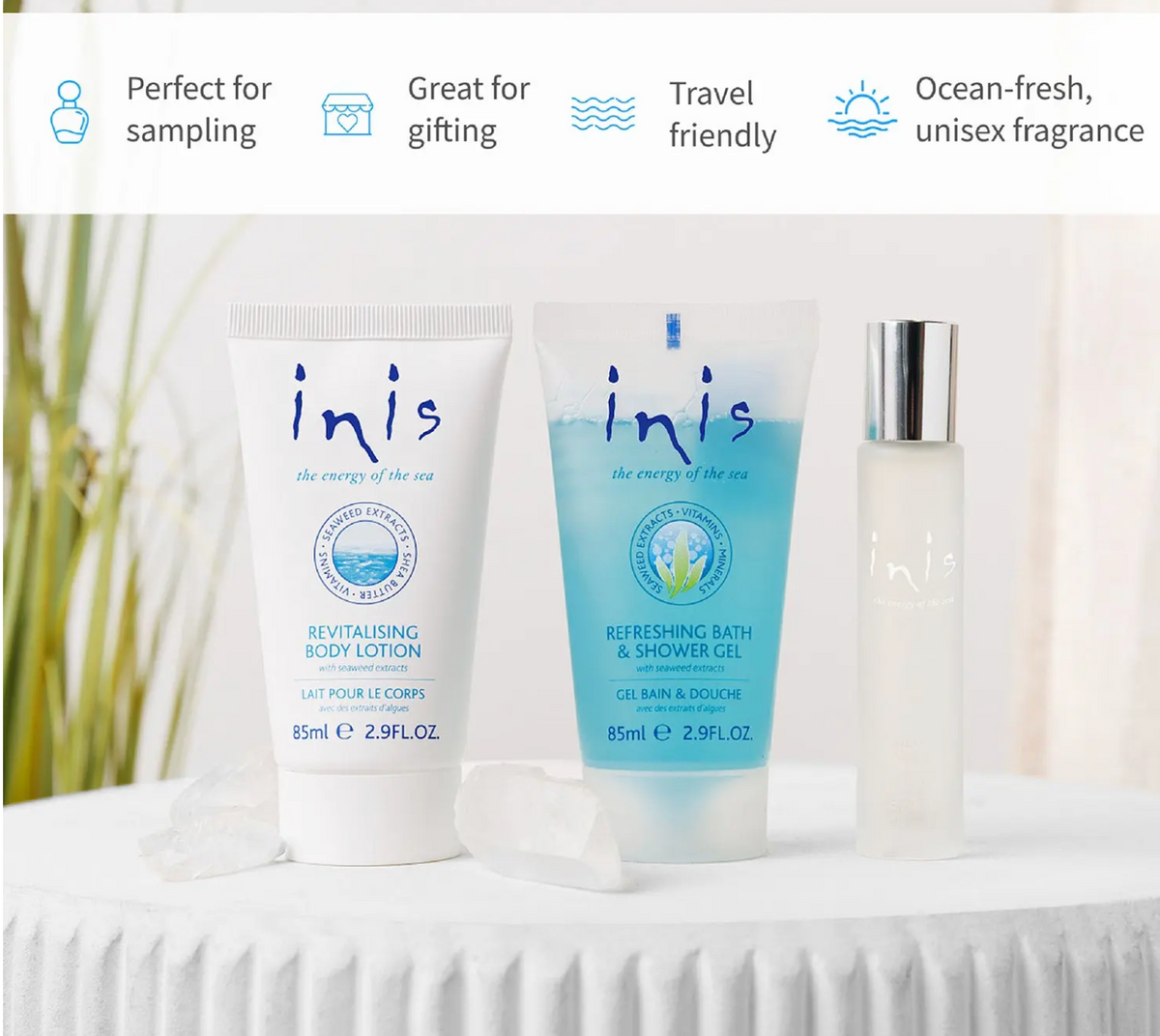 Inis Energy of the Sea three-piece travel gift set featuring refreshing shower gel, revitalizing lotion and ocean-fresh cologne