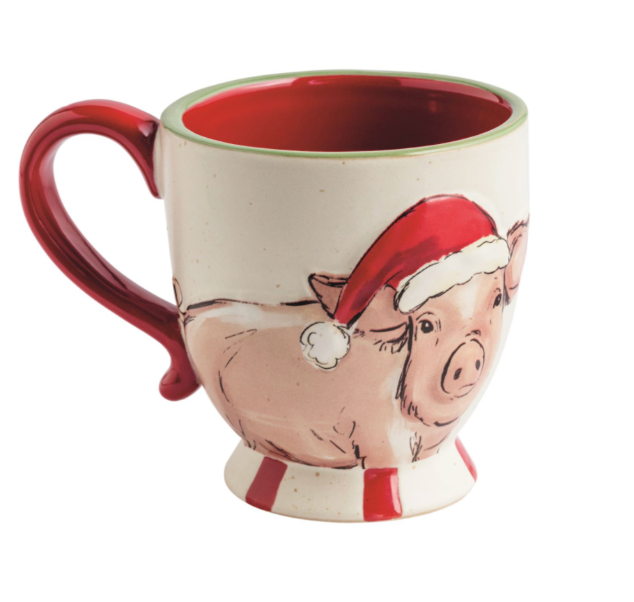 Mud Pie hand-painted Christmas pig stoneware mug with Santa hat