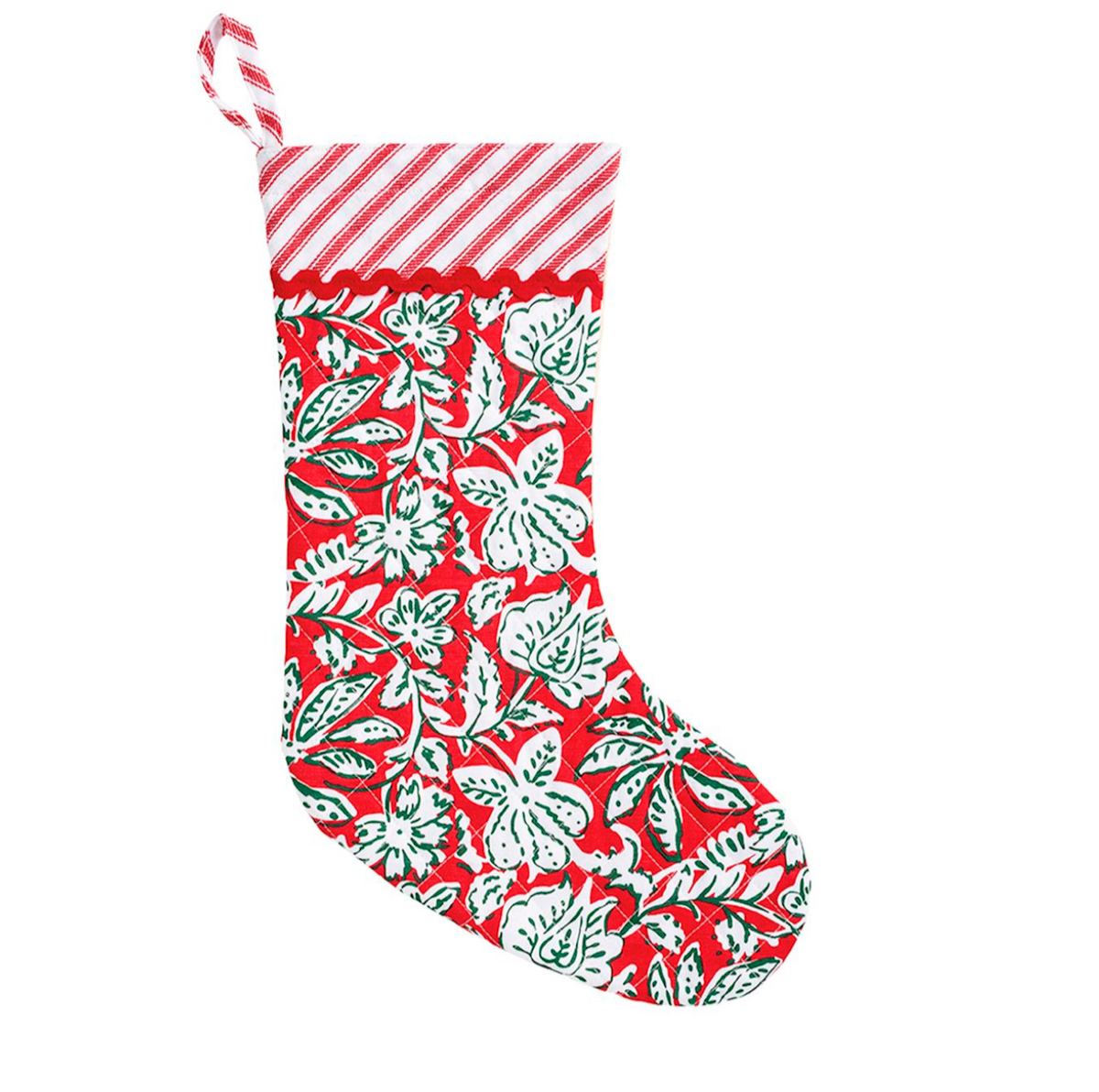 Red floral block print Christmas stocking with striped cuff and ric-rac trim