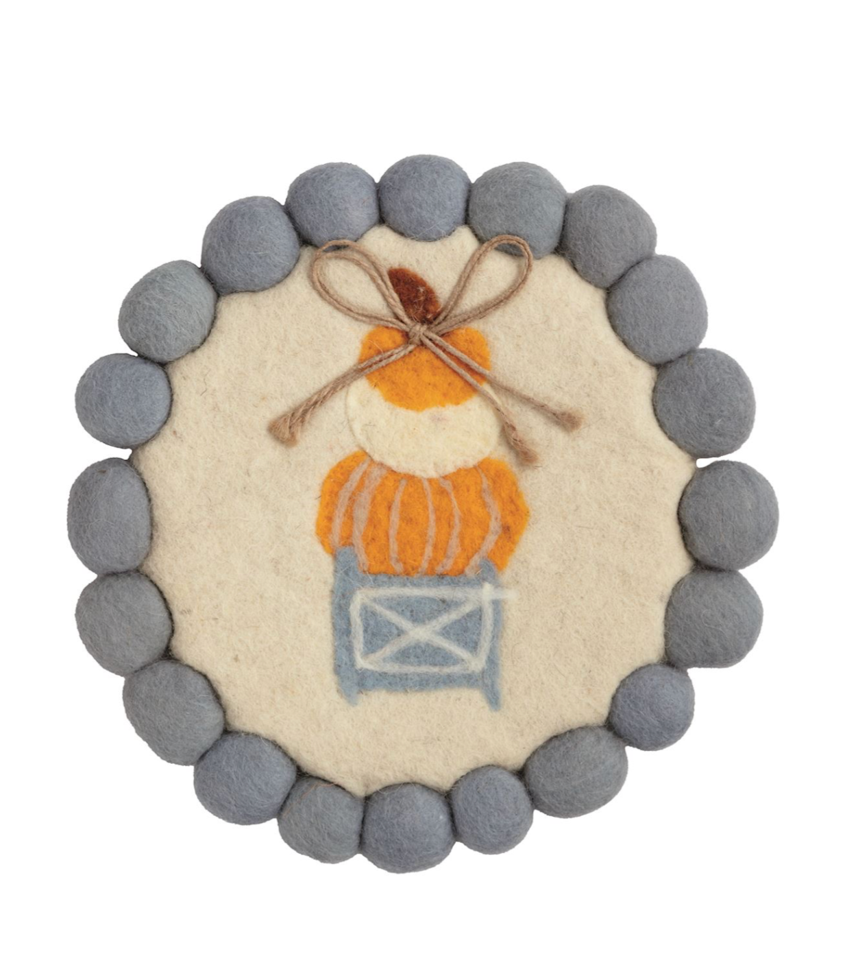Three pumpkins felted wool trivet with gray pom-pom trim for fall kitchen and Thanksgiving decor