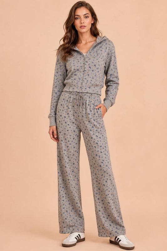 Heather gray blue floral wide leg pants styled with matching zip up hoodie