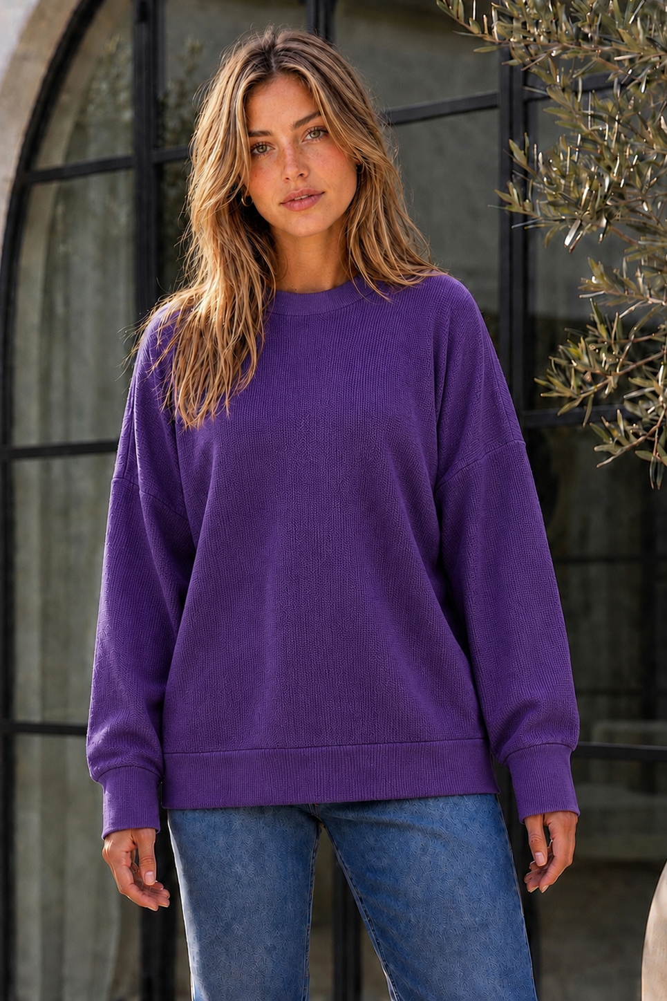 Front view of Violet Hour women’s oversized textured knit sweater in Royal Purple