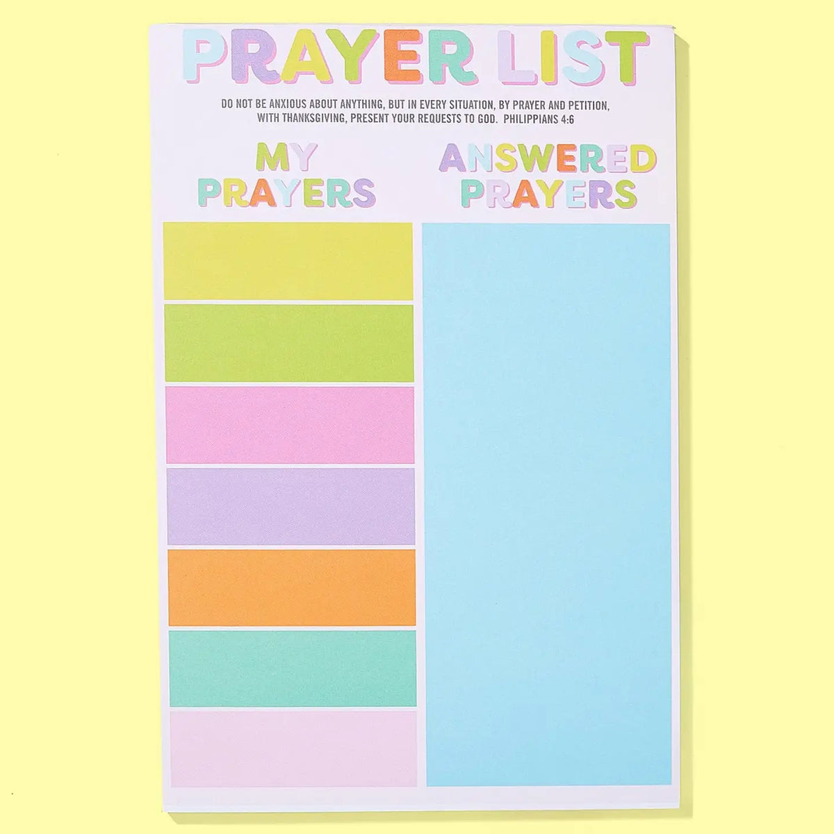 Colorful Christian Prayer List Notepad with My Prayers and Answered Prayers sections featuring Philippians 4:6
