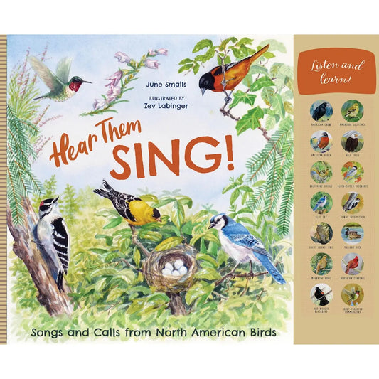 Hear Them Sing interactive children's bird sound book by June Smalls featuring watercolor illustrations of North American birds and 14 bird sound buttons