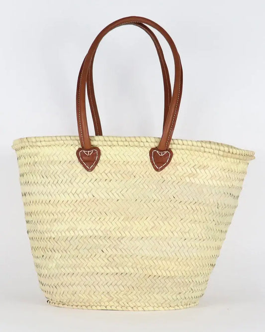 STRAW BAG Handmade with leather, French Market Basket: Brown