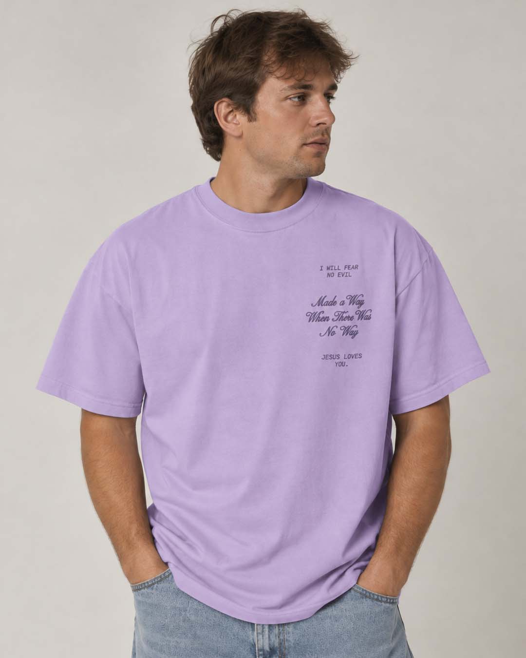 Waymaker Psalm 23 Christian graphic T-shirt in lavender with front faith design