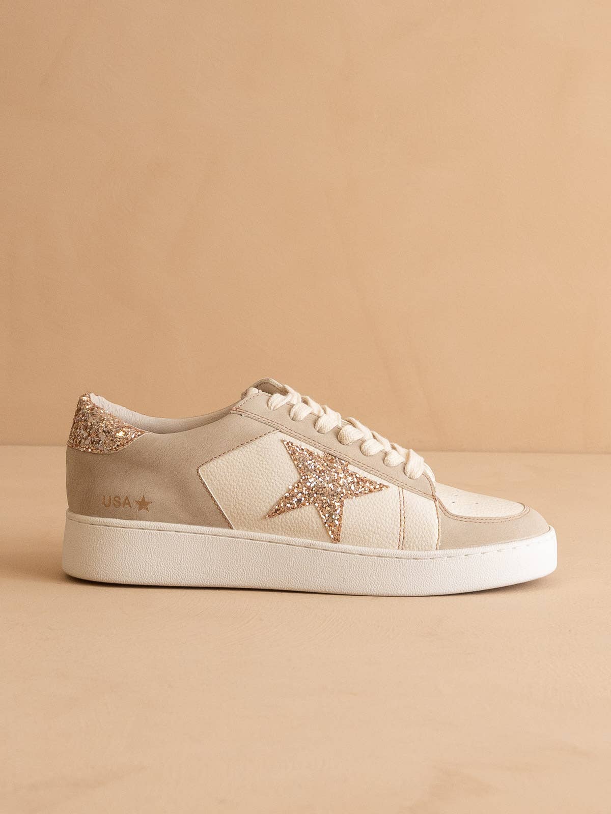 Golden Hour Star Sneakers | Women's Glitter Vegan Leather Low Top Sneakers