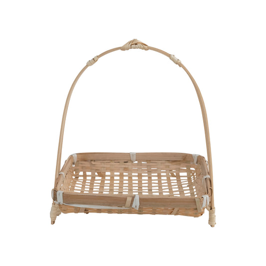 Natural woven rattan display stand with removable square tray and arched handle, 7 inch home decor accent