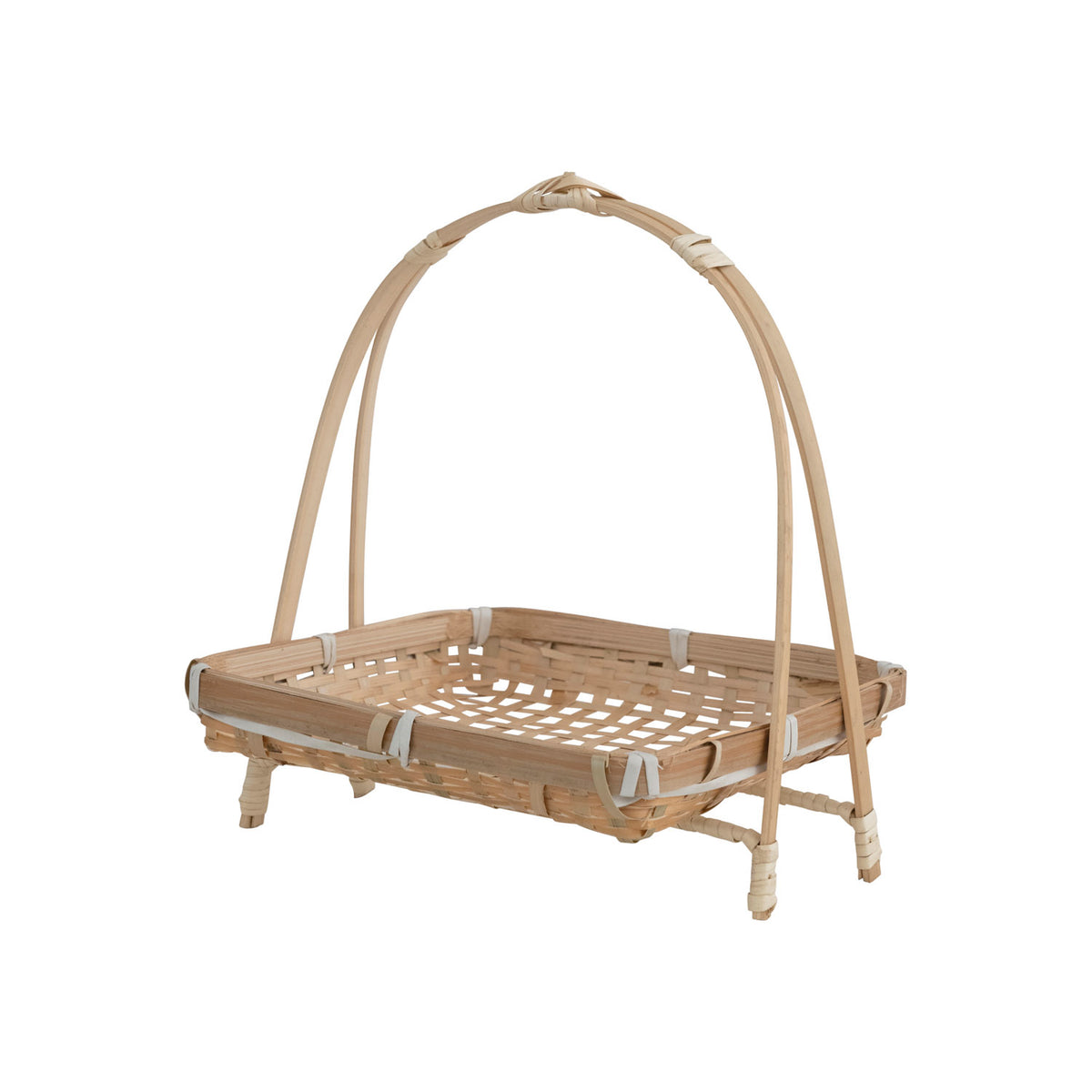 Natural woven rattan display stand with removable square tray and arched handle, 7 inch home decor accent