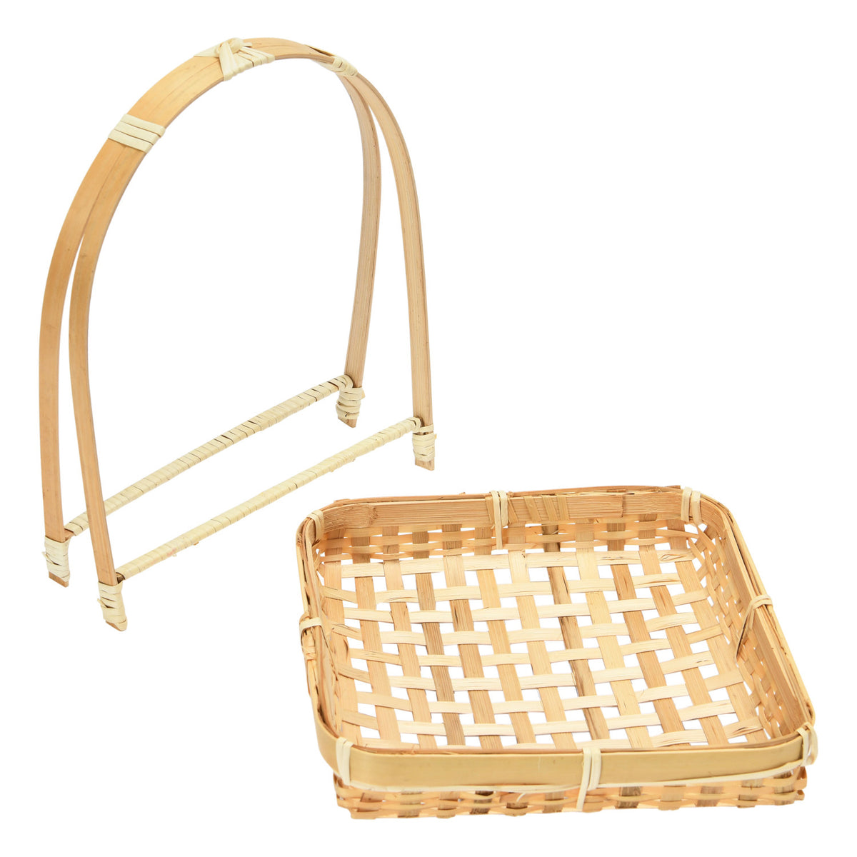 Natural woven rattan display stand with removable square tray and arched handle, 7 inch home decor accent