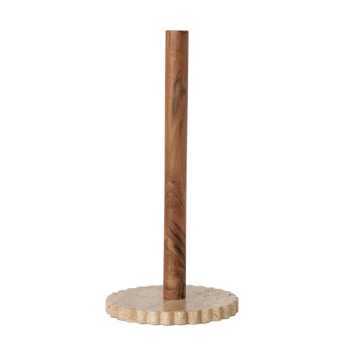 Scalloped cream travertine paper towel holder with natural acacia wood rod for kitchen countertop