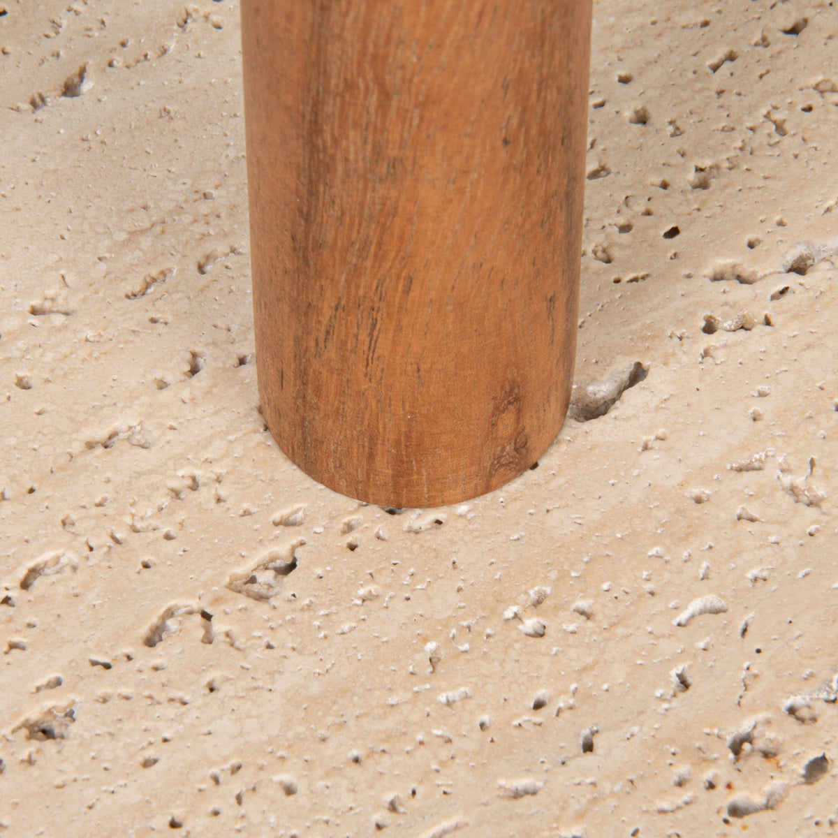 Scalloped cream travertine paper towel holder with natural acacia wood rod for kitchen countertop