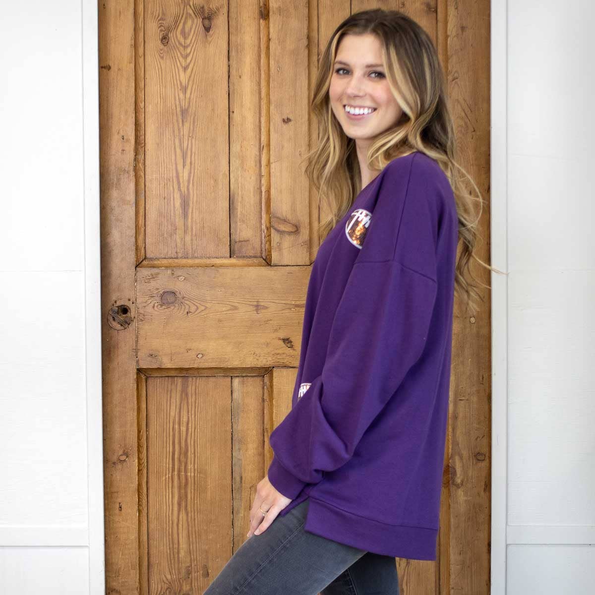 Football Queen Sequin Sweatshirt   Purple/Brown/White