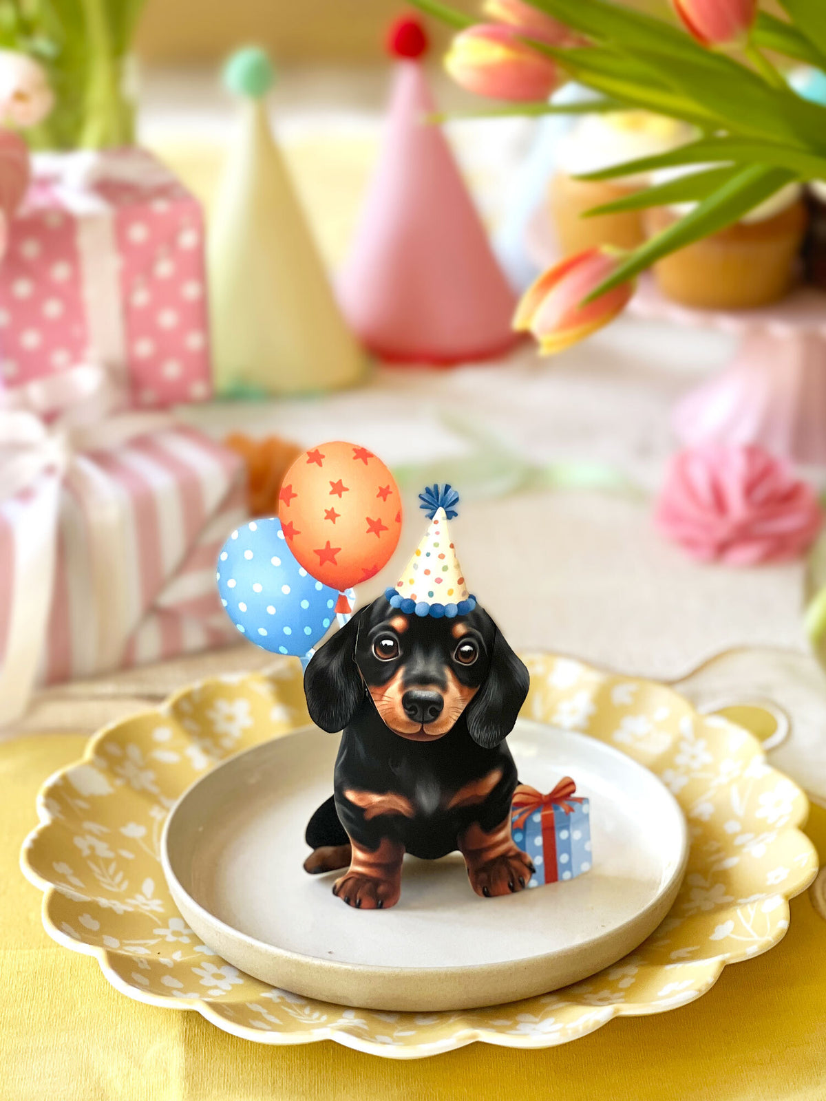 FreshCut Paper Mini Birthday Puppy 3D pop-up greeting card featuring a black and tan dachshund wearing a party hat with colorful birthday balloons and gift.