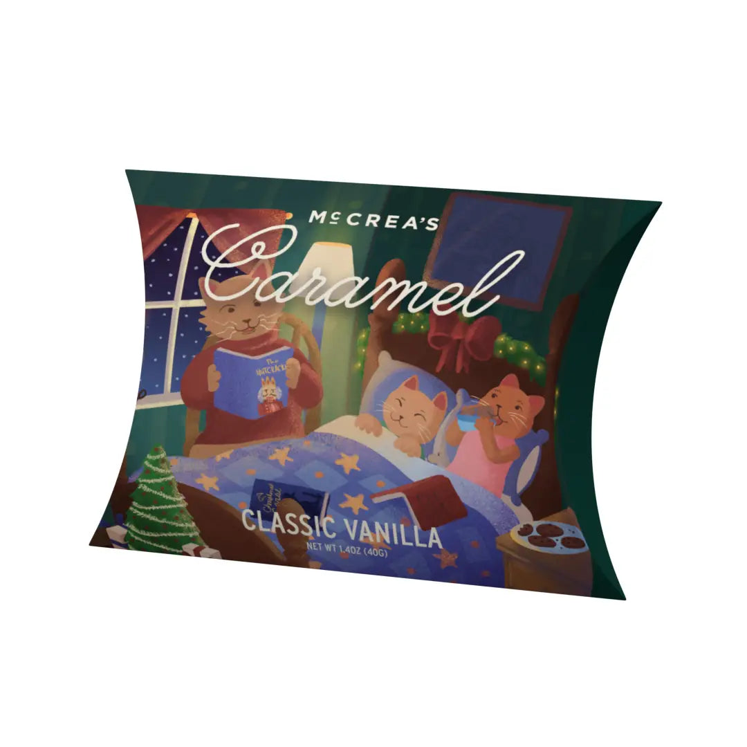 McCrea's Holiday Classic Vanilla gourmet caramels in limited edition 2026 Christmas pillow box