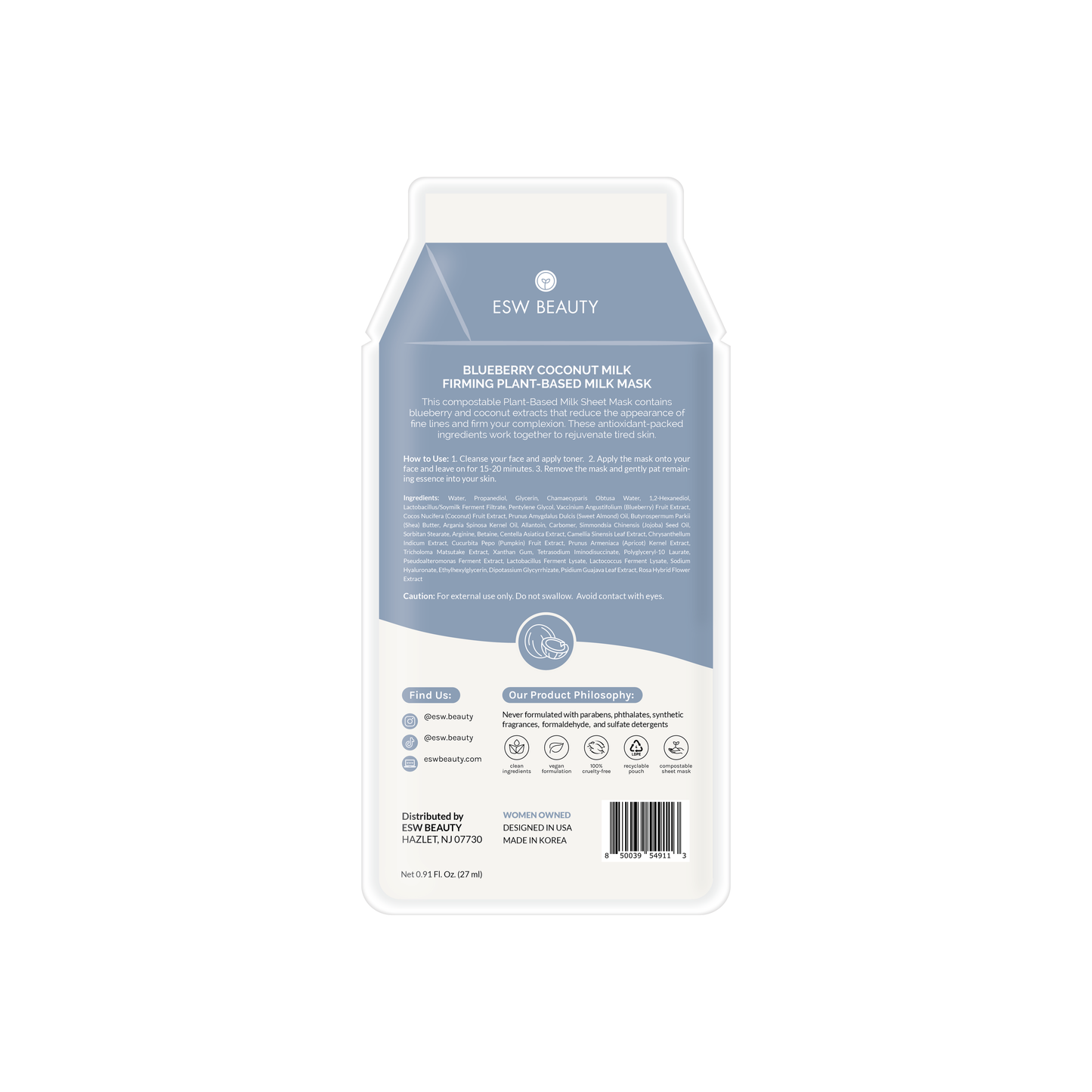 Blueberry Coconut Milk Firming Plant-Based Milk Sheet Mask: With Peg Hole