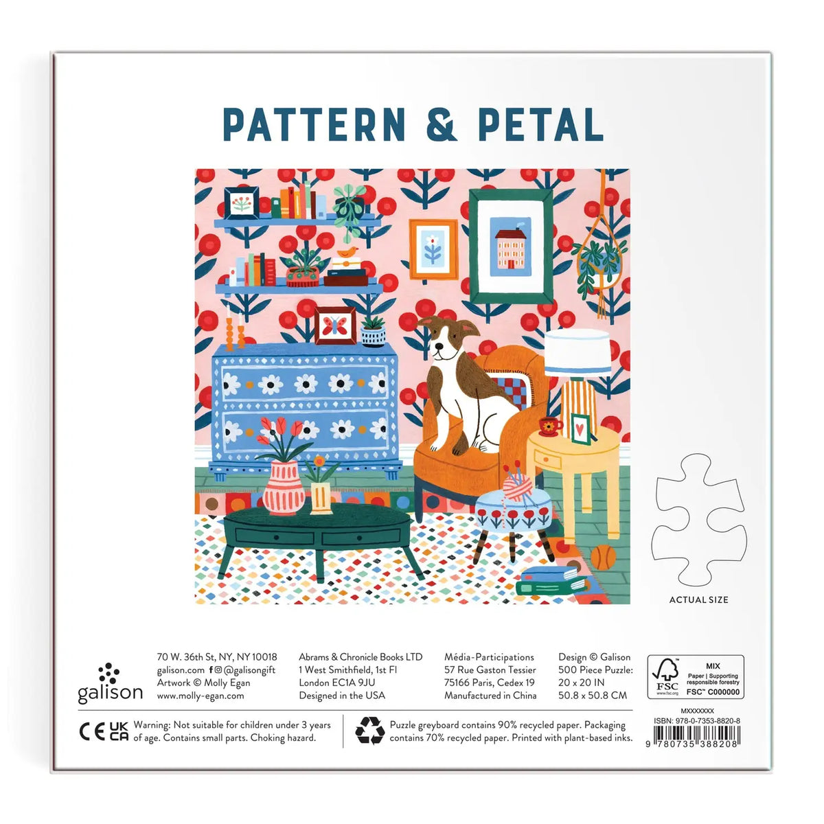 Galison Pattern and Petal 500 piece puzzle by Molly Egan with colorful room and dog