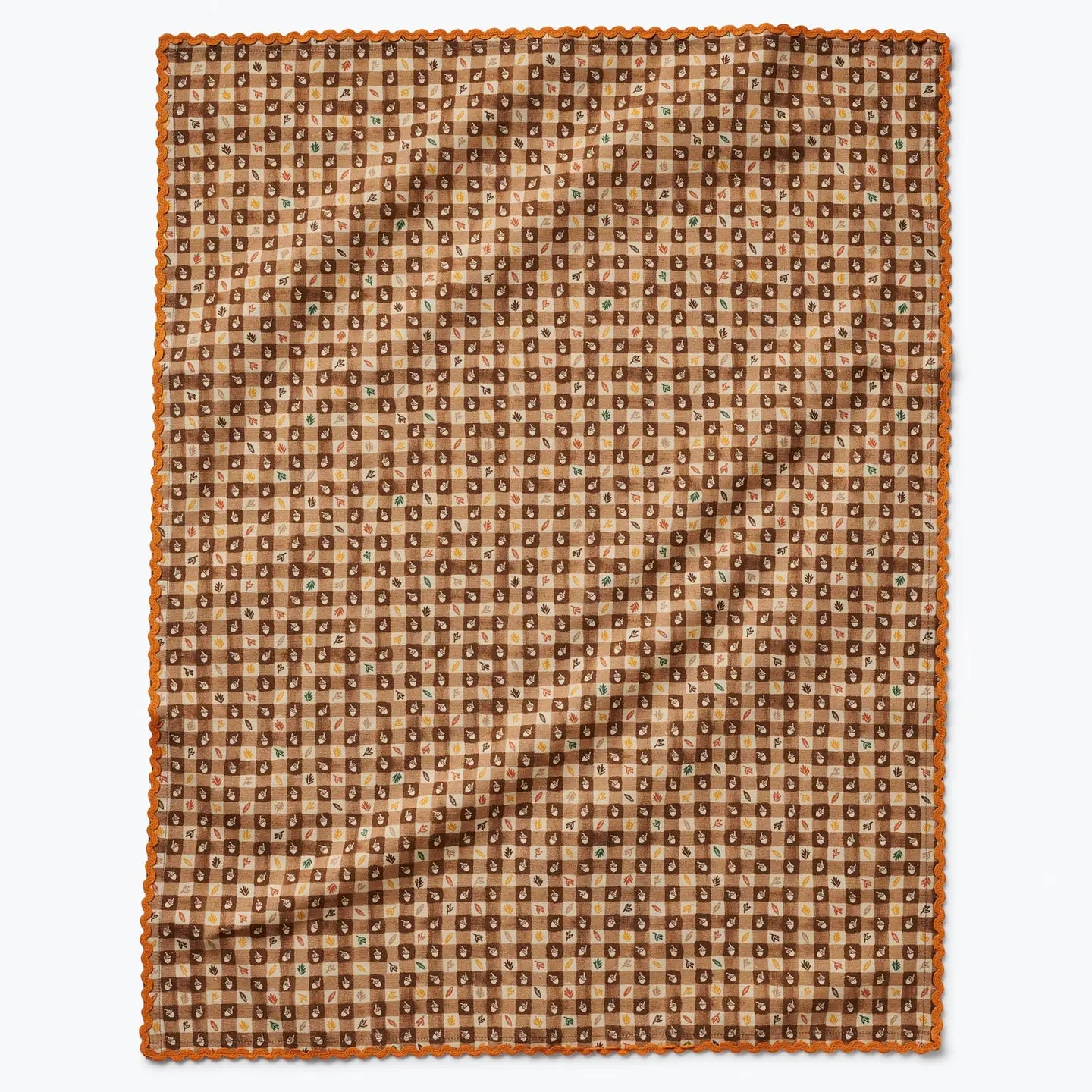 Rifle Paper Co. Harvest Gingham cotton tea towel with fall leaves, acorns and orange rick rack trim