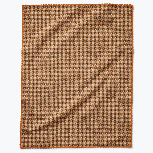 Rifle Paper Co. Harvest Gingham cotton tea towel with fall leaves, acorns and orange rick rack trim