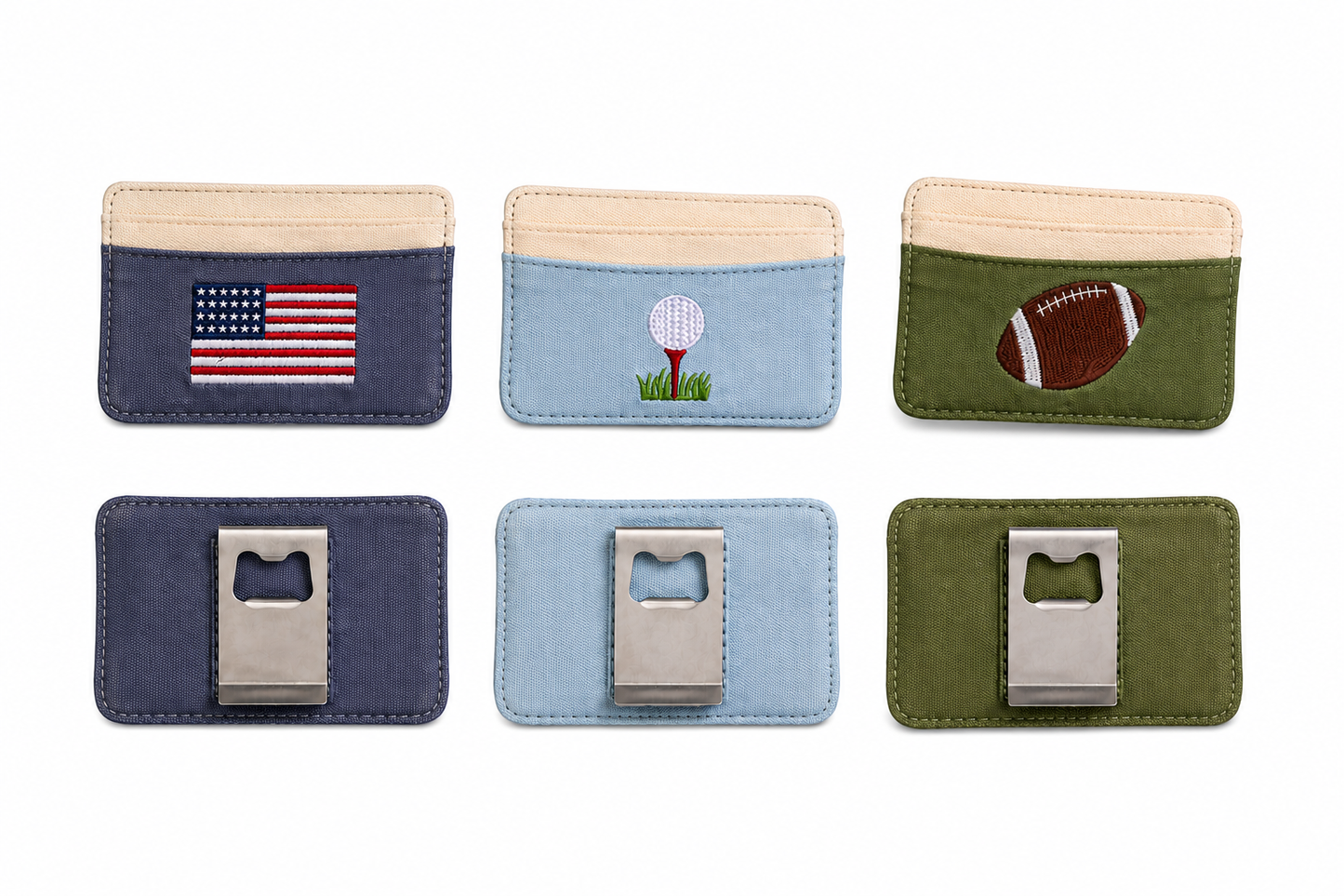 Mud Pie embroidered canvas slim card wallets with metal money clip and bottle opener