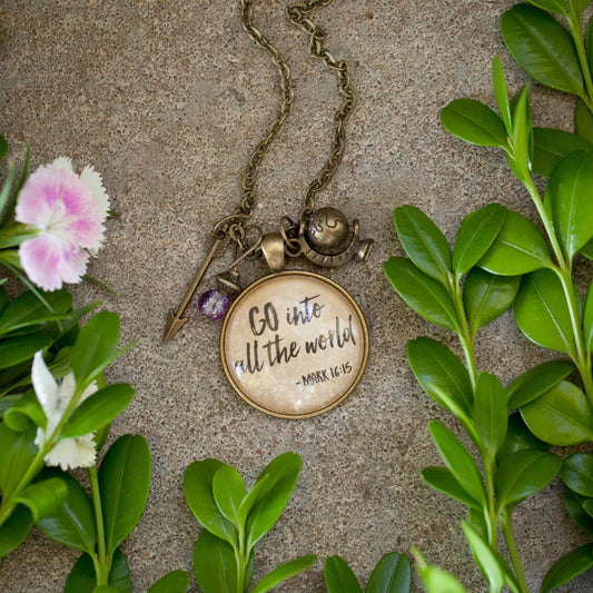 Go into all the world glass pendant necklace