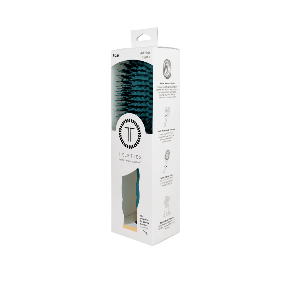 TELETIES Boar Bristle Hair Brush Teal With It full size hair brush in retail packaging