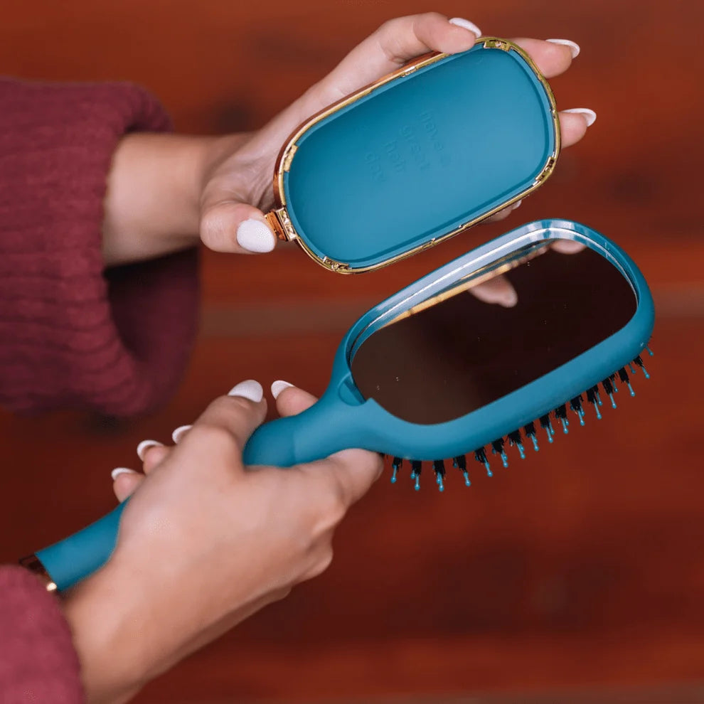 TELETIES Boar Bristle Hair Brush in Teal With It with built-in mirror and storage