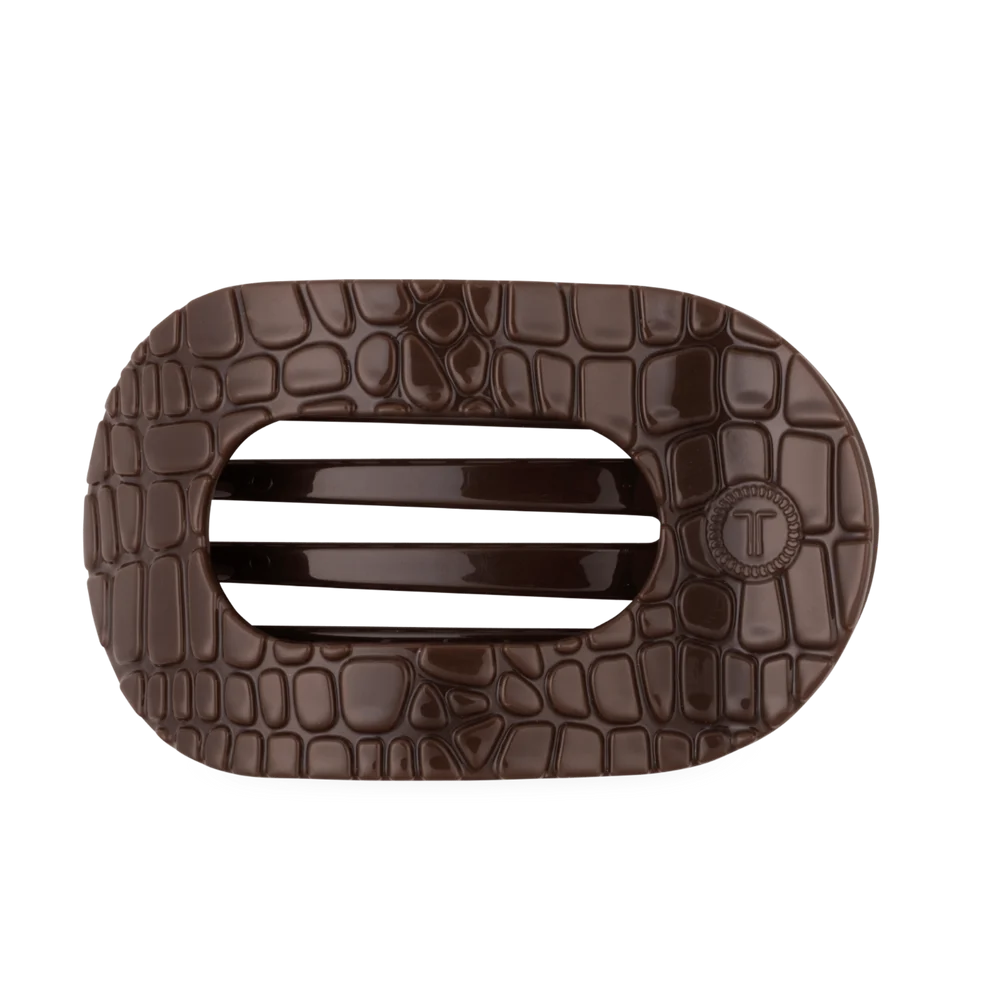 TELETIES Brown Crocodile Flat Round Hair Clip with embossed croc texture