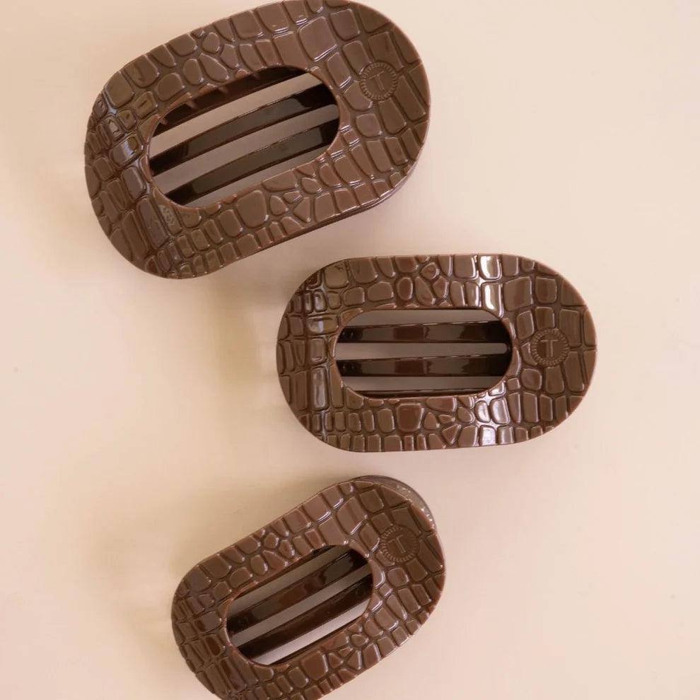 TELETIES Brown Crocodile Flat Round Hair Clips in Small Medium and Large sizes