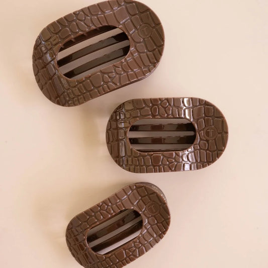 TELETIES Brown Crocodile Flat Round Hair Clips in Small Medium and Large sizes