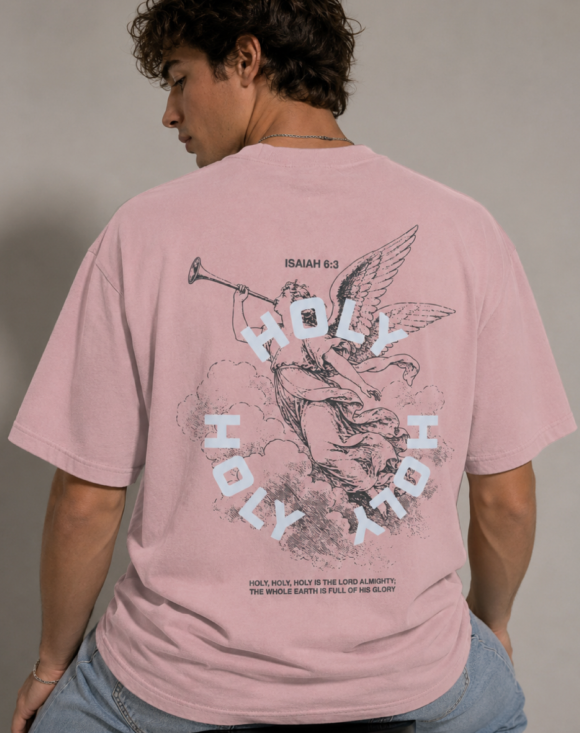 Pink Holy Holy Holy Isaiah 6:3 Christian graphic T-shirt with angel artwork on back