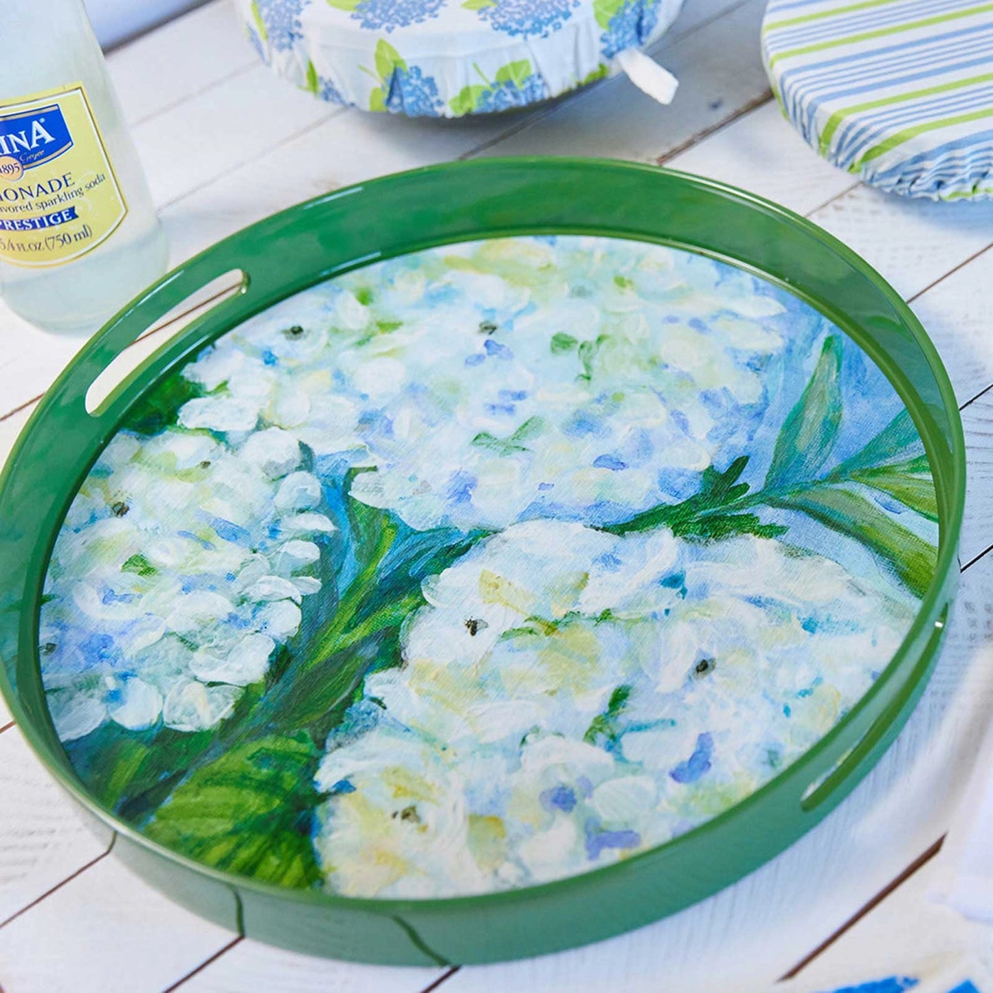 White Hydrangeas Round Laquer Serving Tray