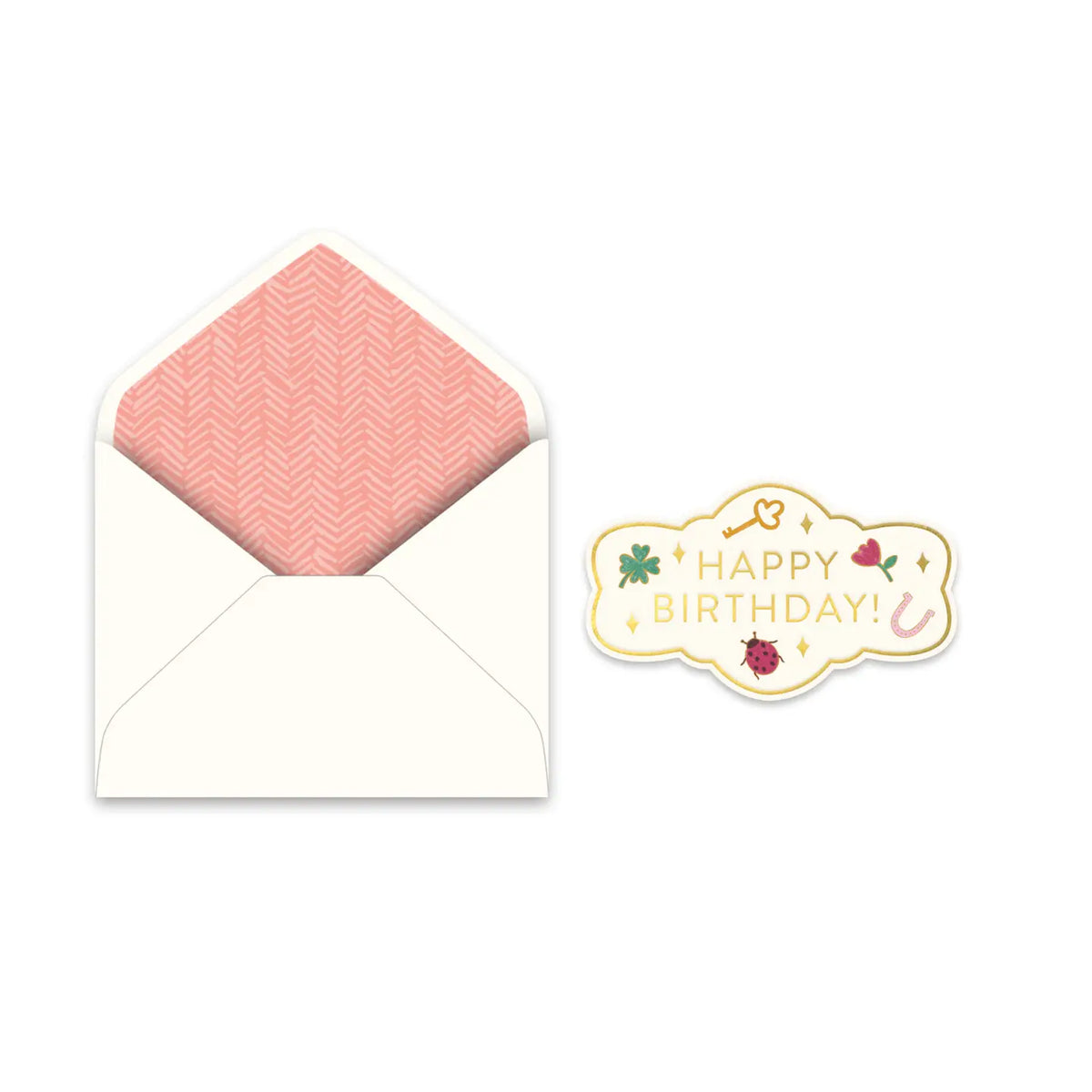 Charming Birthday card coordinating pink lined envelope and Happy Birthday decorative seal
