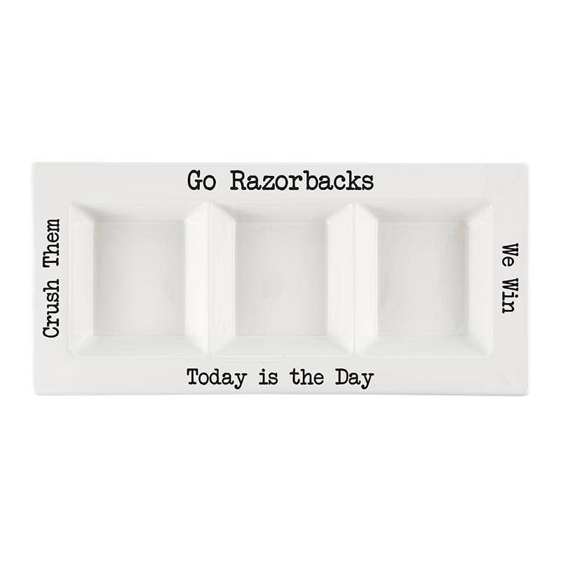 White Razorbacks three-section ceramic condiment serving platter