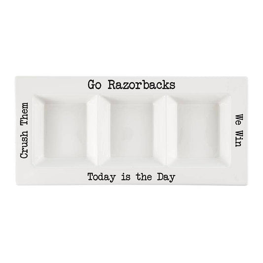 White Razorbacks three-section ceramic condiment serving platter
