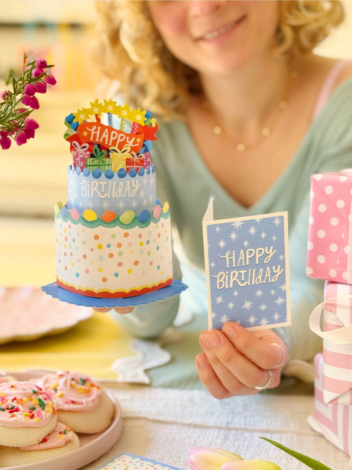 FreshCut Paper Mini Confetti Birthday Cake 3D pop-up greeting card featuring colorful polka dots, birthday candles, miniature gifts, and matching Happy Birthday notecard