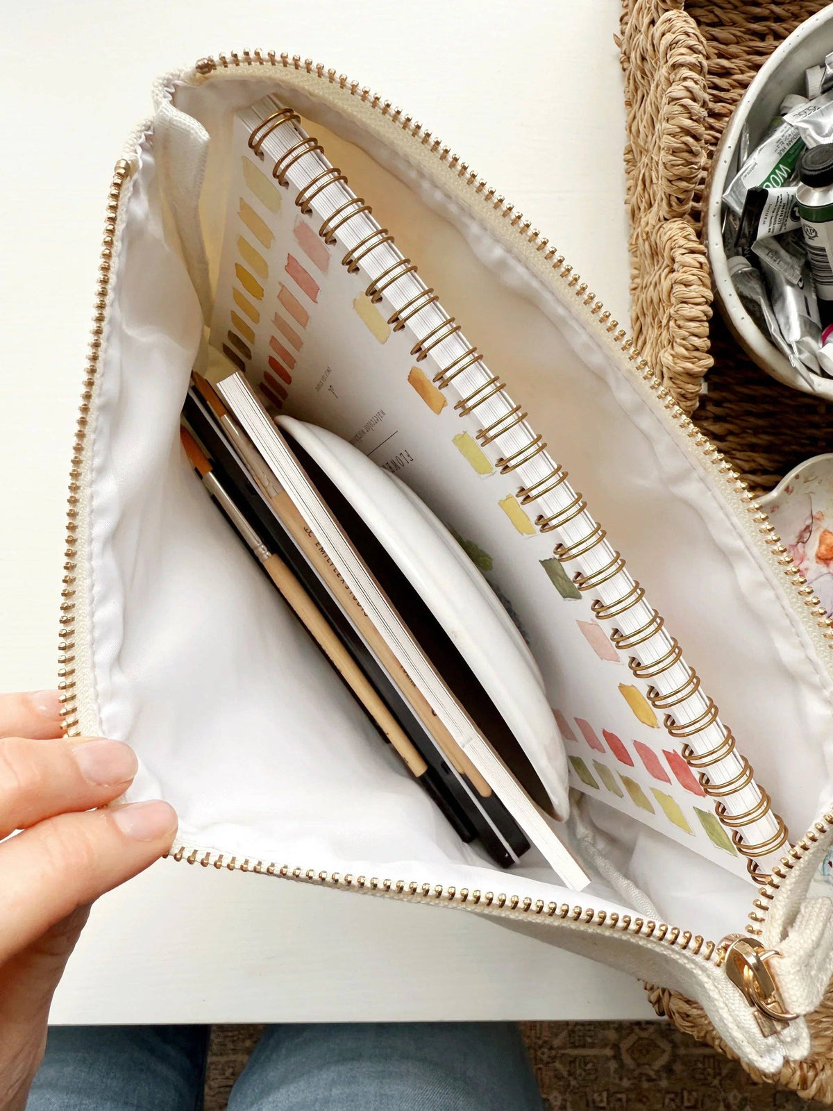 Emily Lex Studio canvas zipper pouch showing lined interior and gold zipper