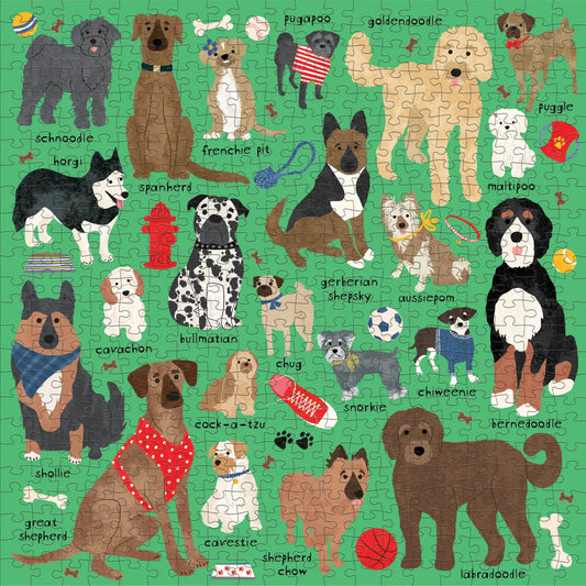 Mudpuppy Doodle Dogs 500 piece dog puzzle featuring 22 mixed breed dogs
