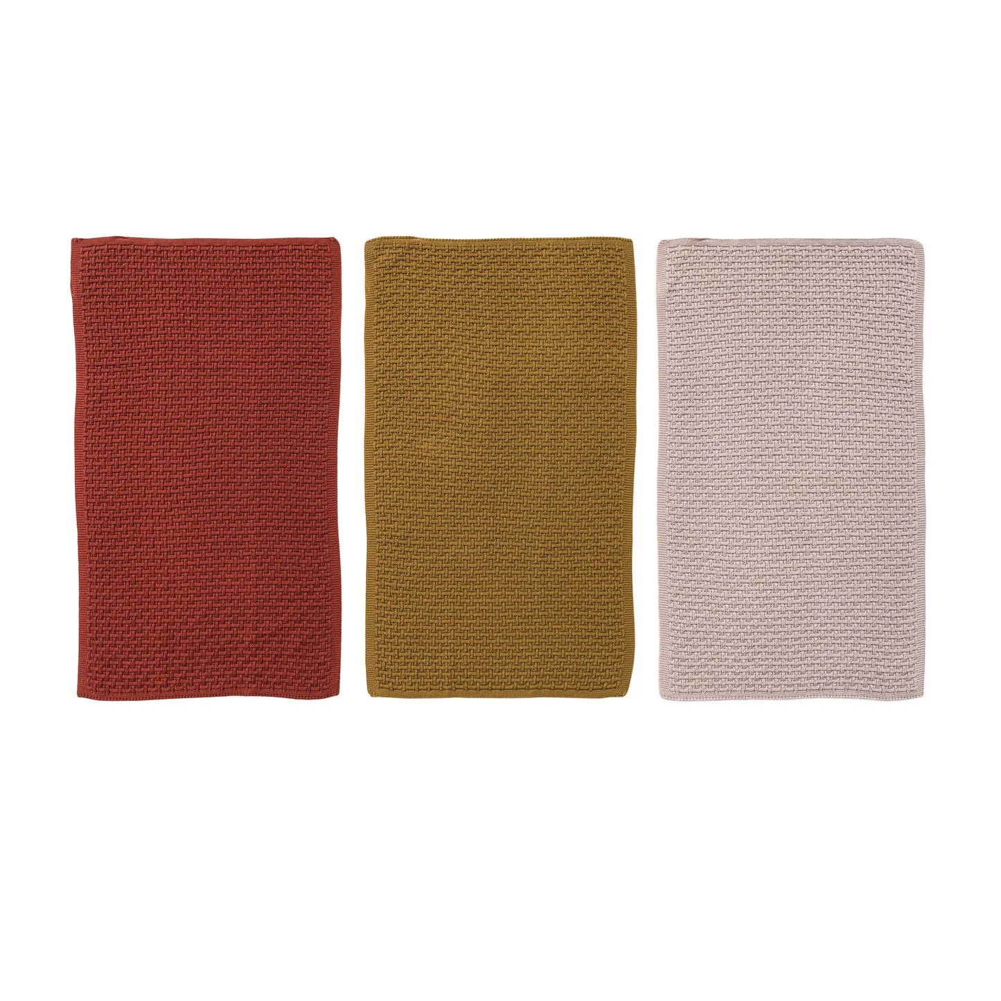 Cotton knit basketweave kitchen tea towels in Terracotta, Harvest Gold and Oatmeal Blush