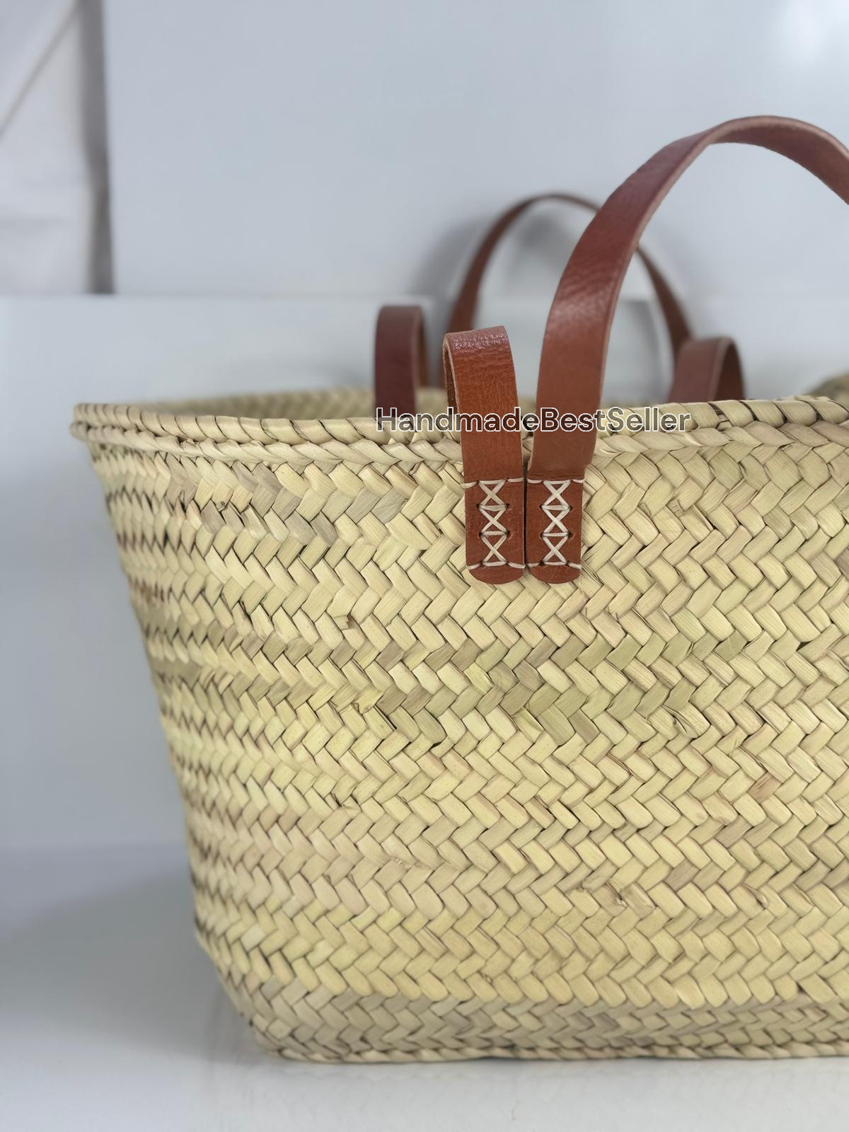 Handmade Square Straw Basket with Leather Handles: Brown