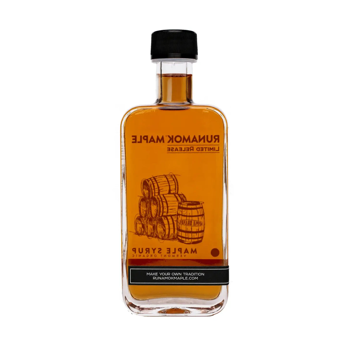 Back view of Runamok Apple Brandy Barrel-Aged Organic Maple Syrup bottle