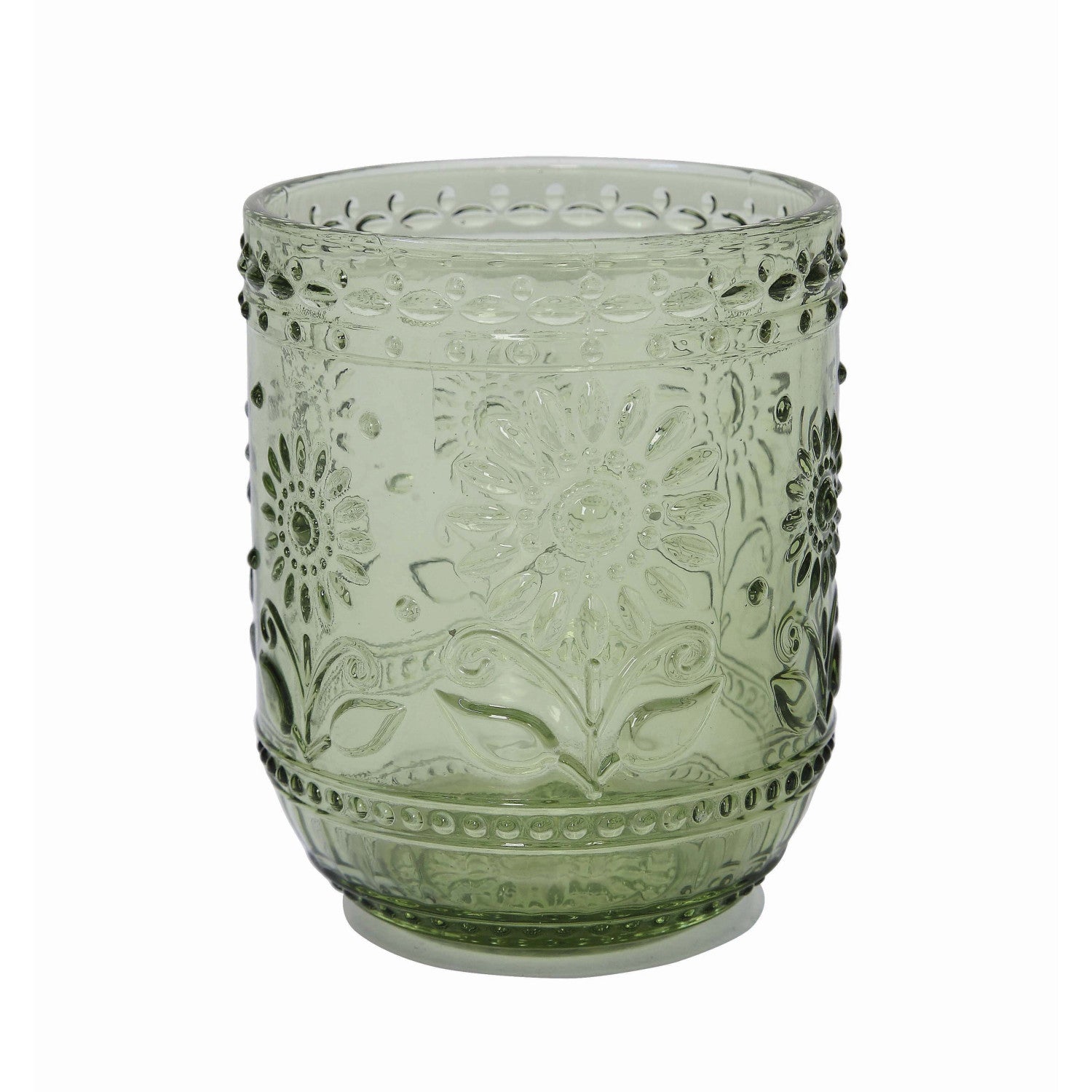 Green embossed floral pressed glass 12 oz drinking glass tumbler
